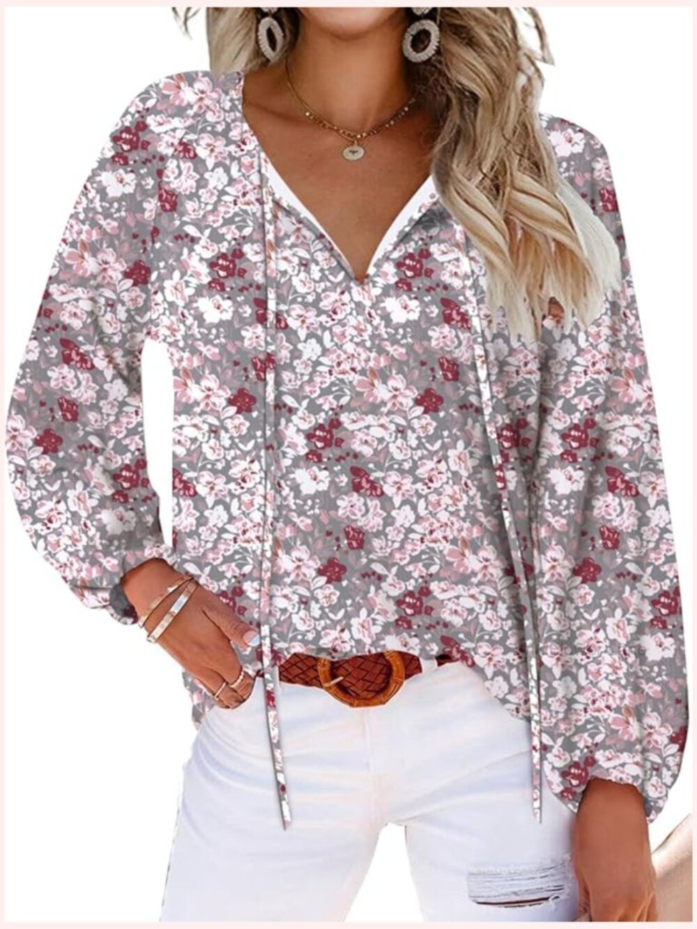 Floral Print V Neck Ruffle Short Sleeve Summer Blouse Loose Fit